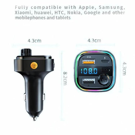 Car Bluetooth Transmitter Handsfree Audio Player With Dual USB Charger compact black unit with LED display, dual USB ports and FM transmitter controls