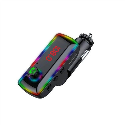 Universal Dual USB Car Charger With Bluetooth FM Transmitter in black with LED display, dual USB ports and hands-free call button