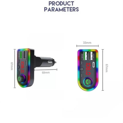 Universal Dual USB Car Charger With Bluetooth FM Transmitter showing dimensions, dual USB ports, LED display and colorful casing