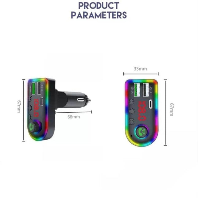 Universal Dual USB Car Charger With Bluetooth FM Transmitter showing dimensions, dual USB ports, LED display and colorful casing