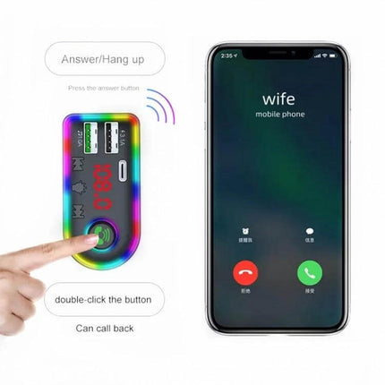 Universal Dual USB Car Charger With Bluetooth FM Transmitter showing rainbow device, dual USB ports, call answer button and phone receiving a call