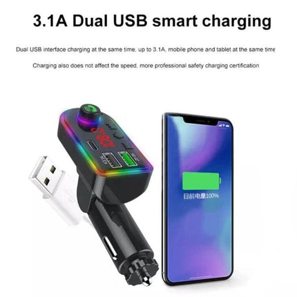 Universal Dual USB Car Charger With Bluetooth FM Transmitter showing dual USB ports, LED display and charging a smartphone in a car