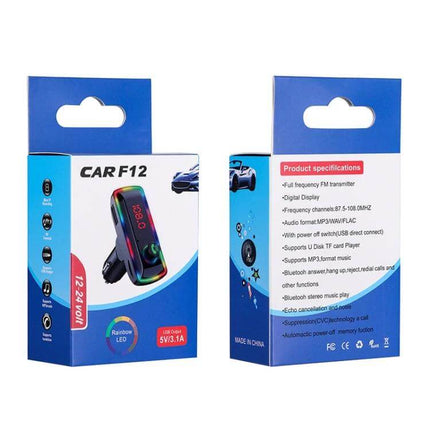 Universal Dual USB Car Charger With Bluetooth FM Transmitter packaged retail box showing device image and specifications