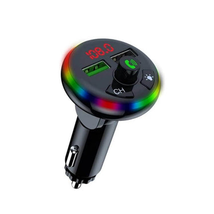 F14 Dual Port USB Car Charger For Phones Everyday Use - compact Bluetooth FM transmitter with dual USB ports and LED ring for hands-free calls and charging