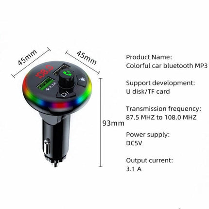 F14 Dual Port USB Car Charger For Phones Everyday Use - compact Bluetooth FM transmitter with dual USB 3.1A output, hands-free calling, and colorful LED ring