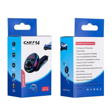 F14 Dual Port USB Car Charger For Phones Everyday Use - product packaging showing compact dual USB car charger with Bluetooth, FM transmitter and specs