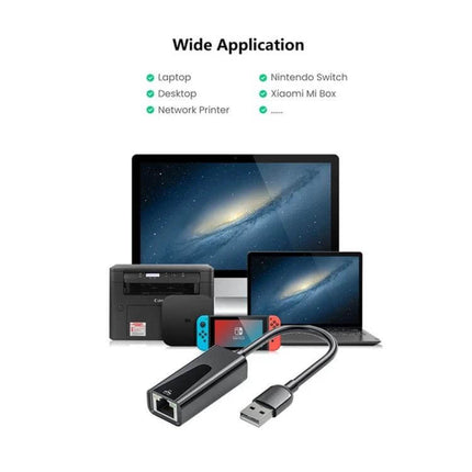 USB-C Ethernet Adapter for Reliable Wired Internet Connections shown connected to laptop, desktop, printer and gaming console