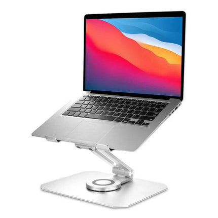Boneruy Adjustable 360-Degree Rotating Aluminum Laptop Stand displaying a silver laptop on a sturdy rotating aluminum base