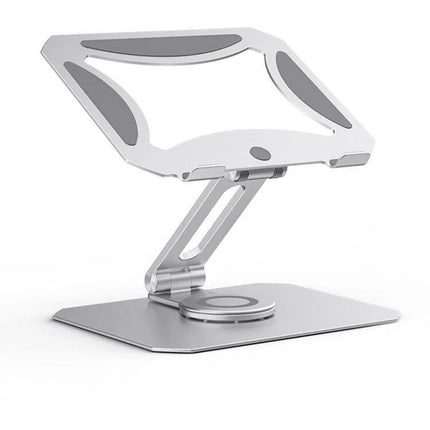 Boneruy Adjustable 360-Degree Rotating Aluminum Laptop Stand shown folded and angled on desk, aluminum alloy with silica gel pads for stability