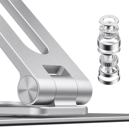 Boneruy Adjustable 360-Degree Rotating Aluminum Laptop Stand showing silver aluminum hinge detail and internal rotating mechanism