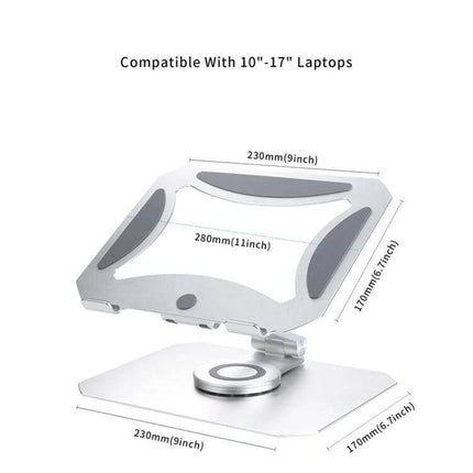 Boneruy Adjustable 360-Degree Rotating Aluminum Laptop Stand showing dimensions, 10"–17" laptop compatibility and rotating aluminum design