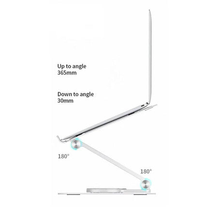 Boneruy Adjustable 360-Degree Rotating Aluminum Laptop Stand showing 180° hinge angles and adjustable up to 365mm / down to 30mm positions