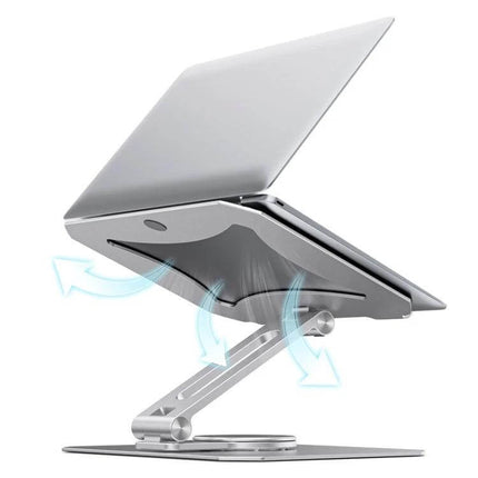 Boneruy Adjustable 360-Degree Rotating Aluminum Laptop Stand showing aluminum alloy rotating arm, silica gel pads, and elevated angled laptop for ergonomic viewing