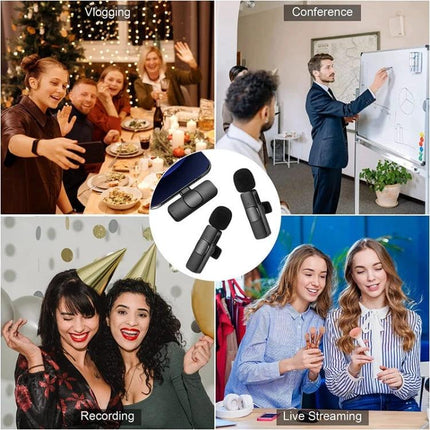 K9 Clip-on Microphone for Everyday Recordings and Chats shown clipped to clothing for vlogging, conferences, parties and live streaming