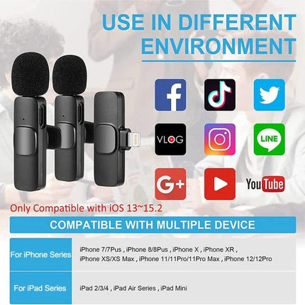 K9 Clip-On Microphone for Everyday Conversations and Recordings clipped to clothing with foam windscreens beside social app icons