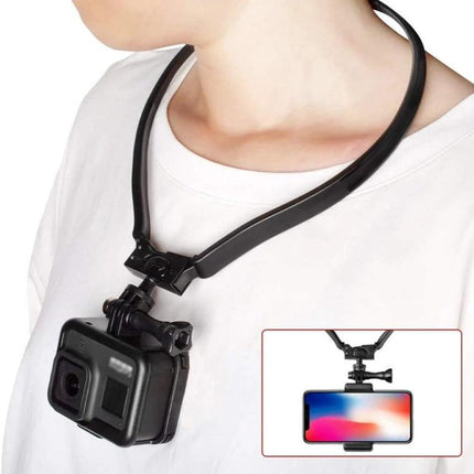 Neck Holder for Hands-Free Smartphone Filming on the Go — black adjustable neck mount holding smartphone and action camera for hands-free filming
