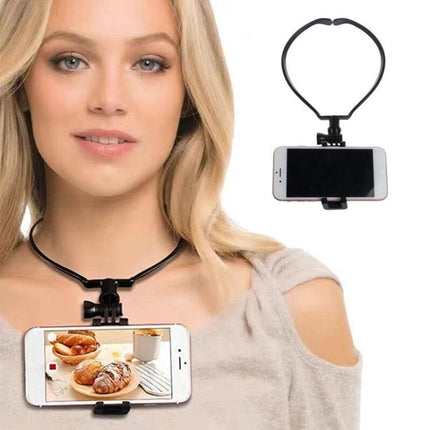 Neck Holder for Hands-Free Smartphone Filming on the Go showing model using adjustable 180° neck mount to film cooking and breakfast scene