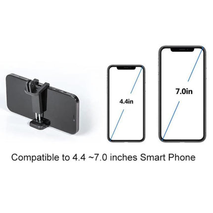 Neck Holder for Hands-Free Smartphone Filming on the Go showing compatibility with 4.4 to 7.0 inch phones and adjustable clamp angle