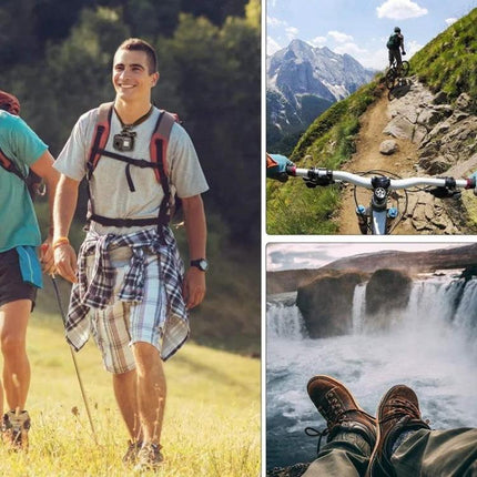 Neck Holder for Hands-Free Smartphone Filming on the Go - hiker wearing neck-mounted smartphone for biking, hiking, and waterfall footage
