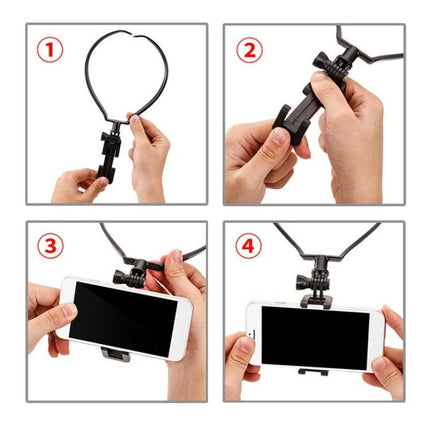 Neck Holder for Hands-Free Smartphone Filming on the Go - adjustable 180° neck mount showing step-by-step smartphone attachment
