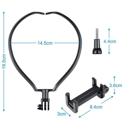 Neck Holder for Hands-Free Smartphone Filming on the Go showing dimensions and detachable phone mount