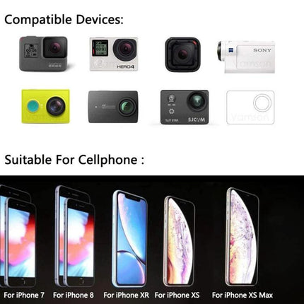 Neck Holder for Hands-Free Smartphone Filming on the Go showing compatible action cameras and iPhone models for hands-free filming
