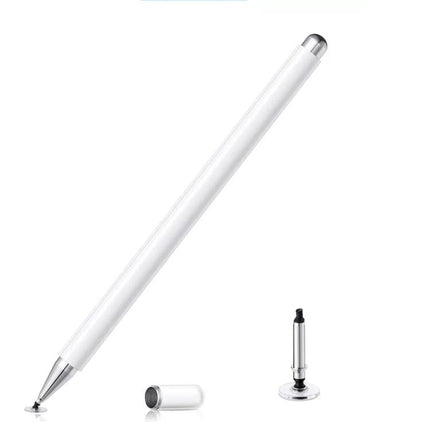 Capacitive Stylus Pen with Magnetic Cap for Mobile Devices white pen with silicone tip, magnetic cap and extra replaceable tip on white background