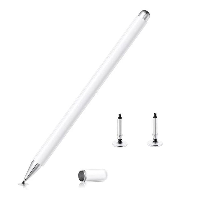 Capacitive Magnetic Stylus for Smartphone Touch Screens with Spare Tips - white aluminum alloy stylus with magnetic cap and 2 spare 7mm silicone disc tips