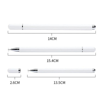 Capacitive Magnetic Stylus for Smartphone Touch Screens with Spare Tips - white aluminum alloy stylus with magnetic cap and 7mm disc tip, sizes shown