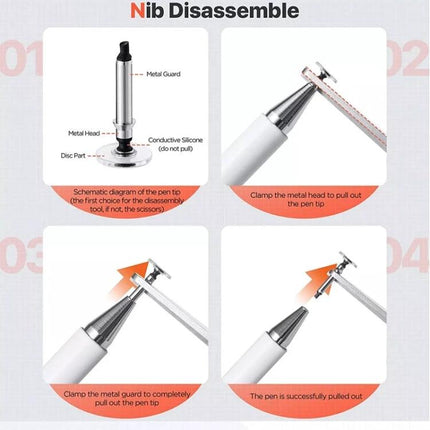 Capacitive Magnetic Stylus for Smartphone Touch Screens with Spare Tips showing nib disassemble steps and metal guard removal