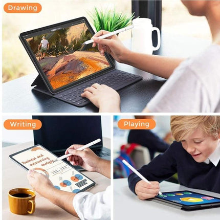 Capacitive Magnetic Stylus for Smartphone Touch Screens with Spare Tips shown used for drawing, writing, and playing on tablets
