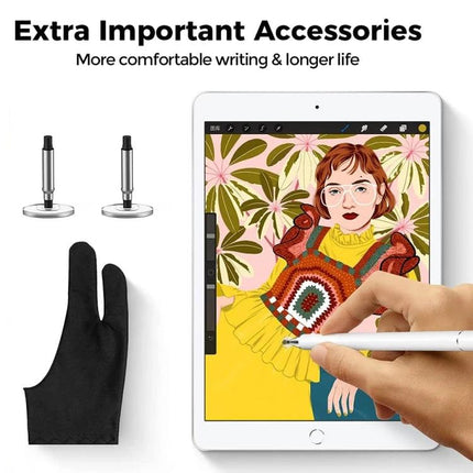 Capacitive Magnetic Stylus for Smartphone Touch Screens with Spare Tips shown with tablet drawing, spare tips and artist glove for precise sketching