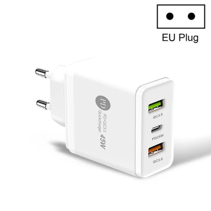 Versatile Multi-Port USB Charger for Everyday Device Needs - white EU plug 45W PD USB-C and QC3.0 ports for smartphone and tablet fast charging