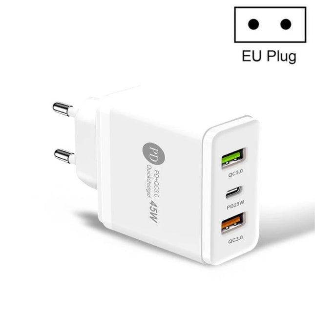 Versatile Multi-Port USB Charger for Everyday Device Needs - white EU plug 45W PD USB-C and QC3.0 ports for smartphone and tablet fast charging