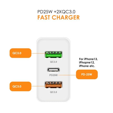 Versatile Multi-Port USB Charger for Everyday Device Needs - white 3-port fast charger with PD25W and two QC3.0 ports for smartphones and tablets