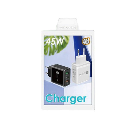 Versatile Multi-Port USB Charger for Everyday Device Needs compact 45W fast charger showing black and white units for smartphone and tablet