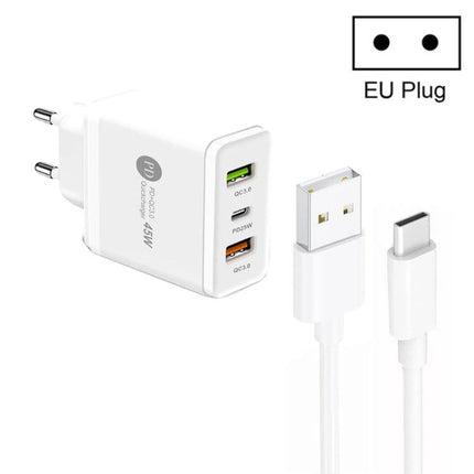 Multi-Port Charger for Everyday Home and Travel Use - white EU plug wall charger with three USB ports and USB-C cable