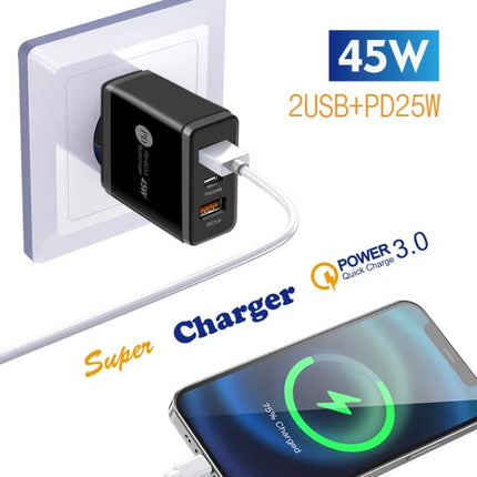 Multi-Port Charger for Everyday Home and Travel Use — 45W wall adapter with 2 USB + PD25W charging ports powering phone on desk