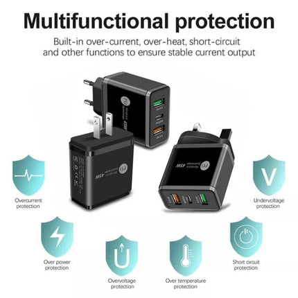 Multi-Port Charger for Everyday Home and Travel Use showing three black multi-port wall chargers and icons for overcurrent, overvoltage, over-temperature, short-circuit protection
