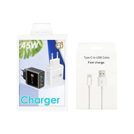 Multi-Port Charger for Everyday Home and Travel Use black and white 45W charger with Type-C to USB cable in retail packaging