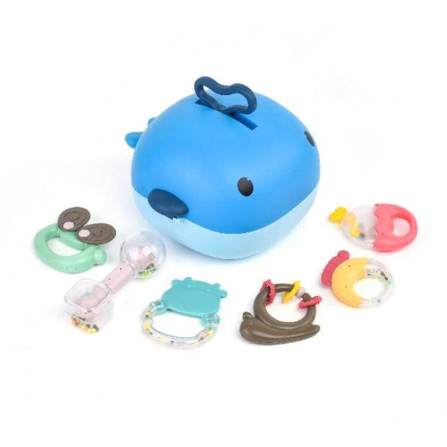 Two In One Baby Rattle And Teether 6 Piece Set For Teething Fun - blue whale case with six colorful rattles and teethers for 0-3 yrs