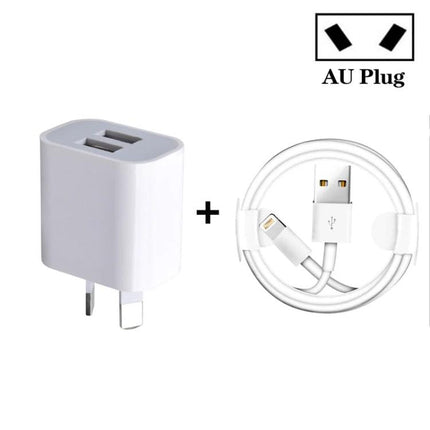 Compact USB Charger for Daily Mobile Device Use at Home - white dual USB wall charger with AU plug and USB-to-lightning cable