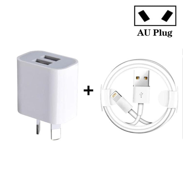 Compact USB Charger for Daily Mobile Device Use at Home - white dual USB wall charger with AU plug and USB-to-lightning cable