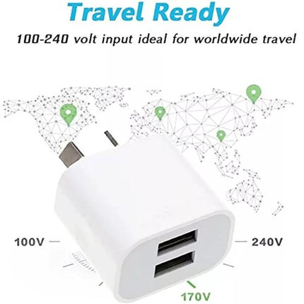 Compact USB Charger for Daily Mobile Device Use at Home - white dual USB travel wall charger showing 100-240V compatibility