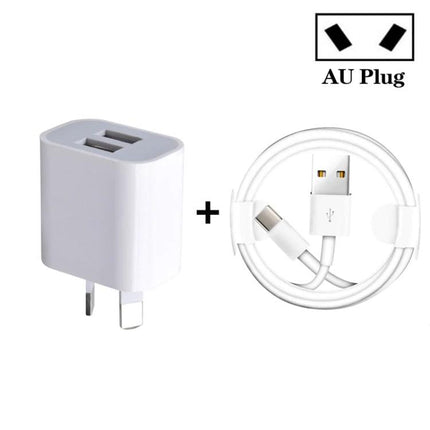 Essential Dual Port USB Charger for Daily Device Needs - compact white AU plug dual USB wall charger with USB‑C to USB cable