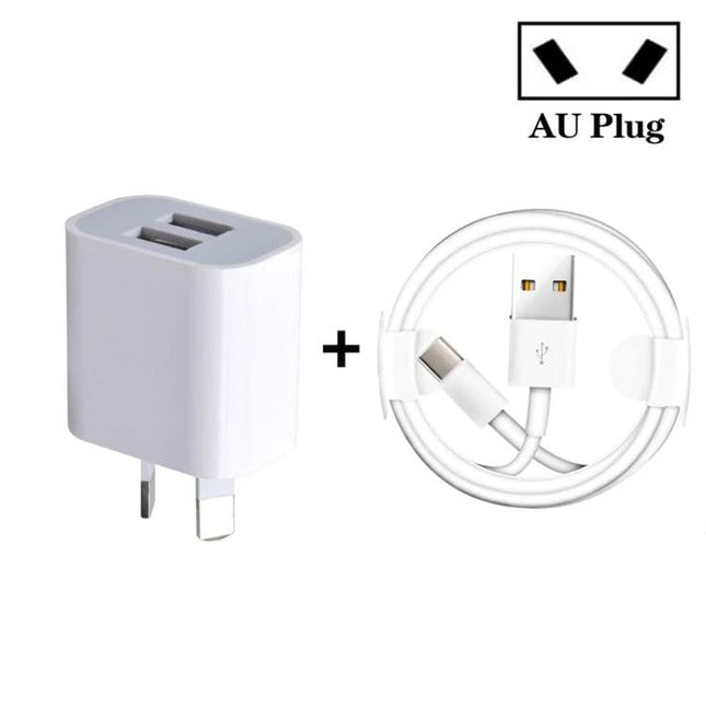 Essential Dual Port USB Charger for Daily Device Needs - compact white AU plug dual USB wall charger with USB‑C to USB cable