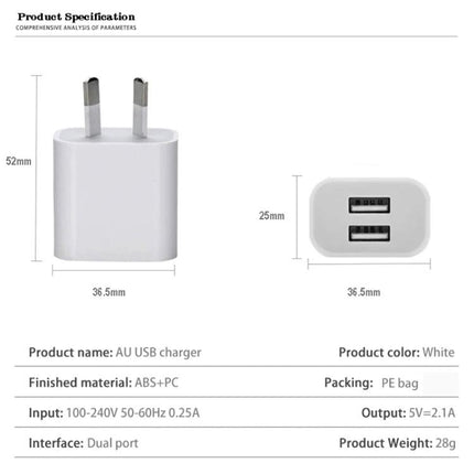 Essential Dual Port USB Charger for Daily Device Needs – compact white AU plug dual-port USB wall charger shown with dimensions and specs