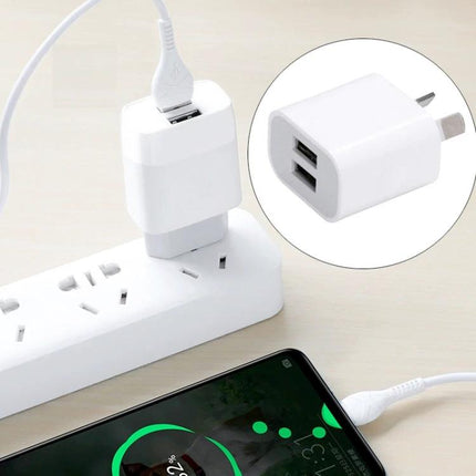 Essential Dual Port USB Charger for Daily Device Needs plugged into power strip charging smartphone and showing inset of compact dual-USB design