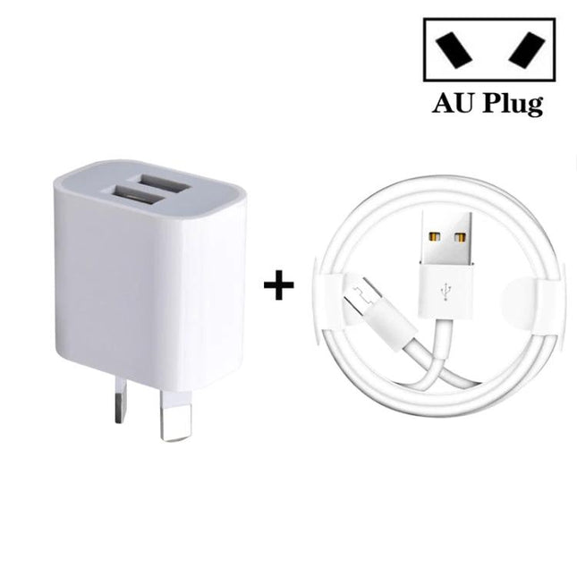 Versatile USB Charger for Daily Home and Travel Use - compact dual-port AU plug with USB cable for simultaneous smartphone and tablet charging