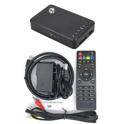 Media Player for Automatic Video Looping in Home and Business Use - compact player kit with remote, power adapter and AV cables for continuous signage and photo slideshows